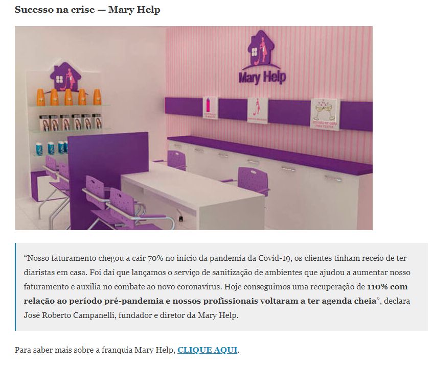Parte da matéria do Portal do Franchising que mostra a retomada da Mary Help com depoimento do seu fundador e foto da recepção de uma das unidades